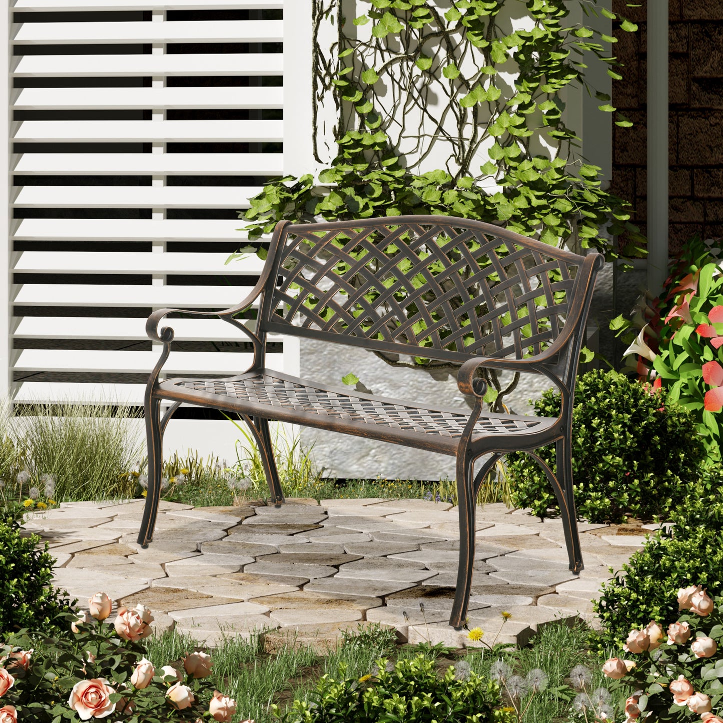 Outsunny Banco De Jardín De 2 Plazas De Aluminio Fundido 103x62x83 Cm Bronce_1