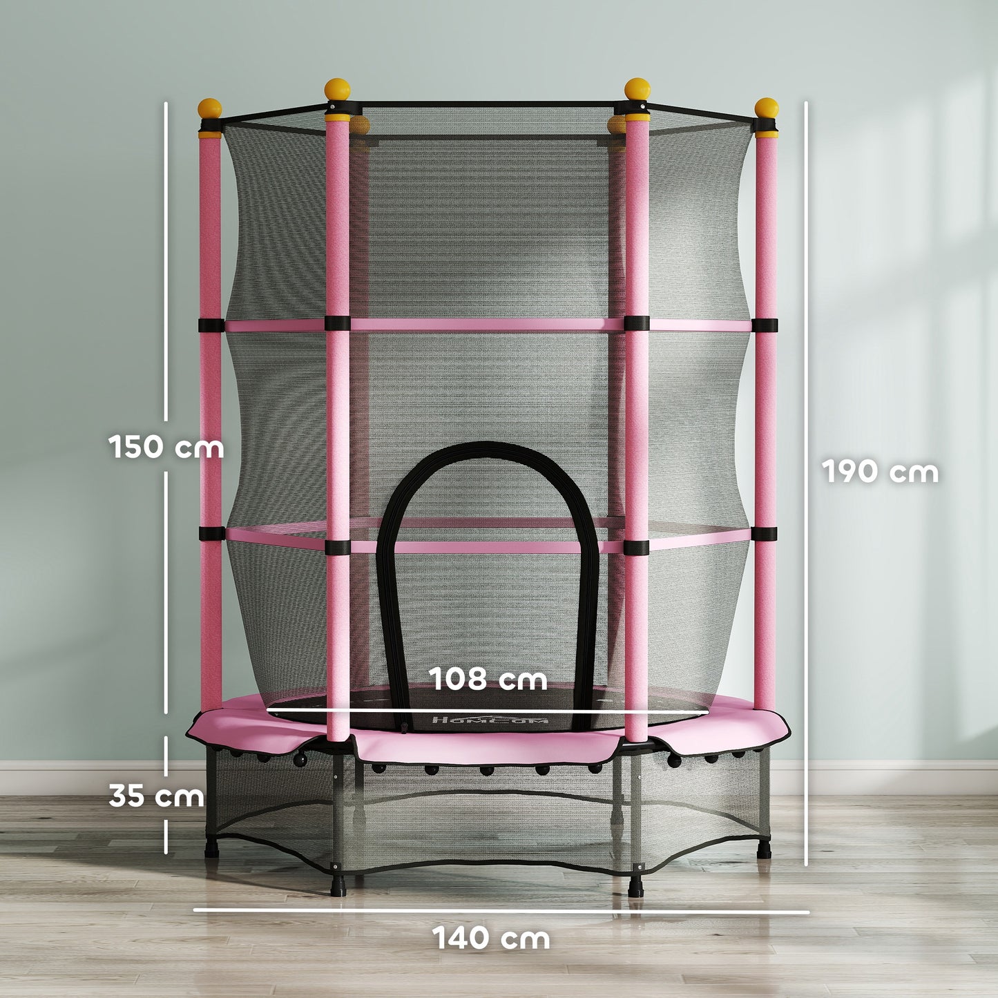 Homcom Cama Elástica Infantil Ø140 Cm Con Red De Seguridad Rosa Y Negro_2