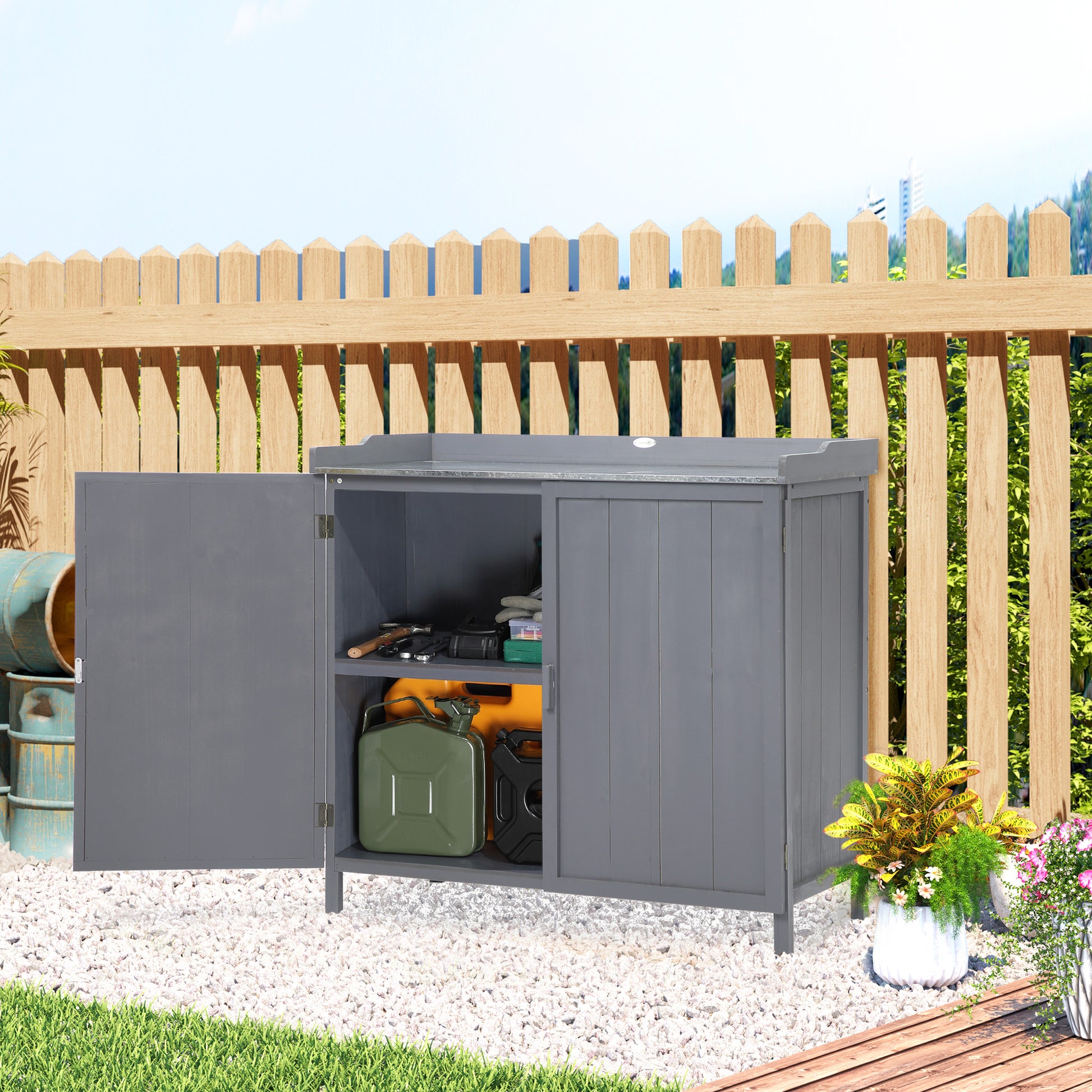 Outsunny Armario Jardín De Madera Con Mesa 2 Puertas Y 2 Estantes 98x48x95,5 Cm_1