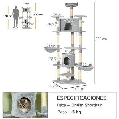 Pawhut Árbol Rascador Para Gatos 60x60x200 Cm Con 2 Cuevas Múltiples Plataformas_2