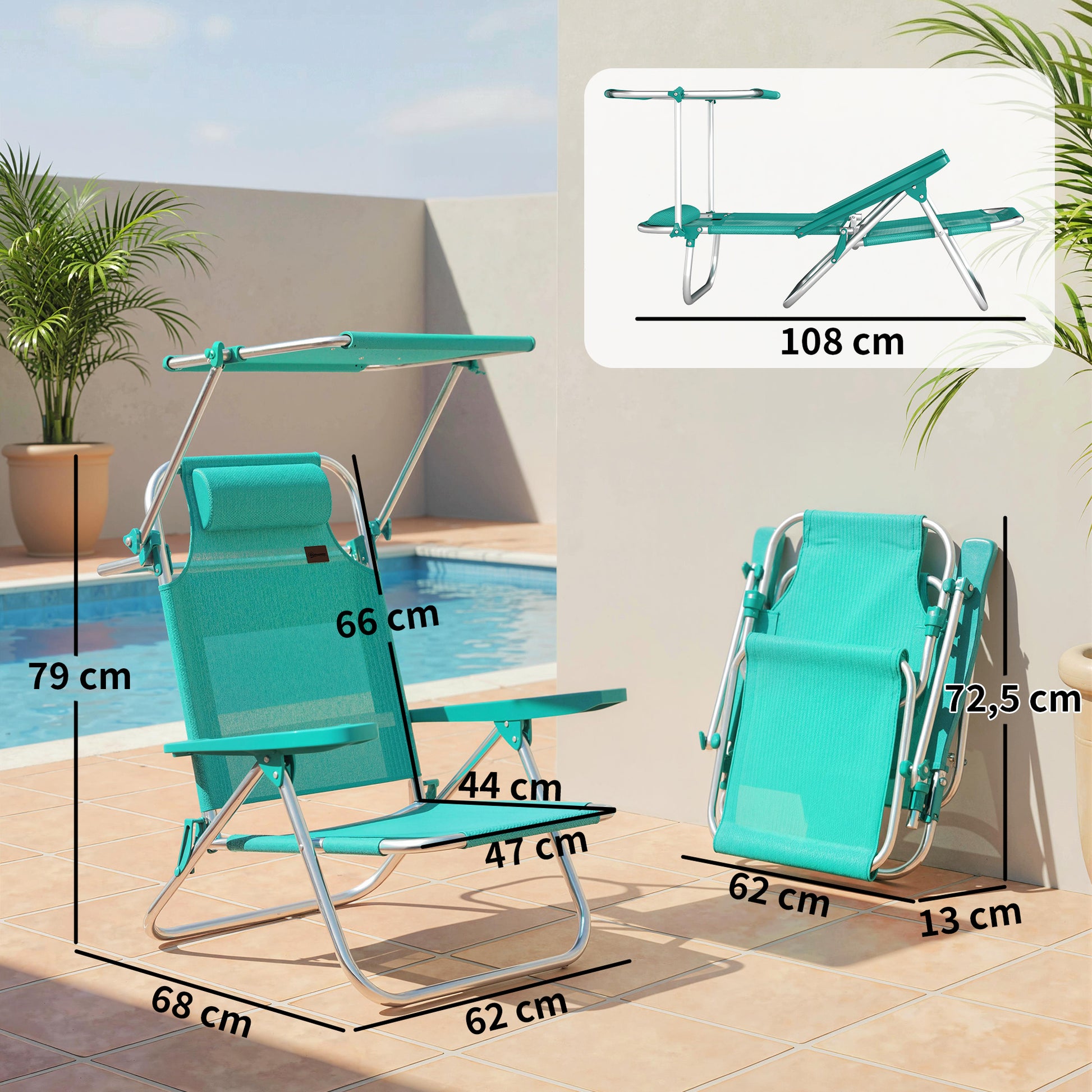 Outsunny Pack De 2 Sillas De Playa Plegables Con Respaldo Reclinable Turquesa_2