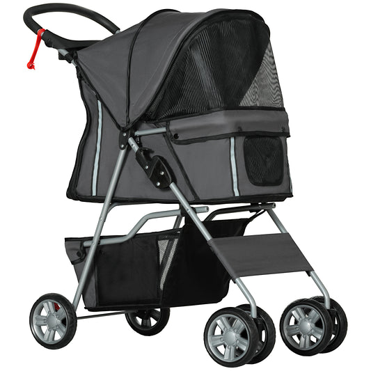 Pawhut Carrito Para Perros Plegable Con Toldo Ajustable 75x45x97 Cm Gris_0
