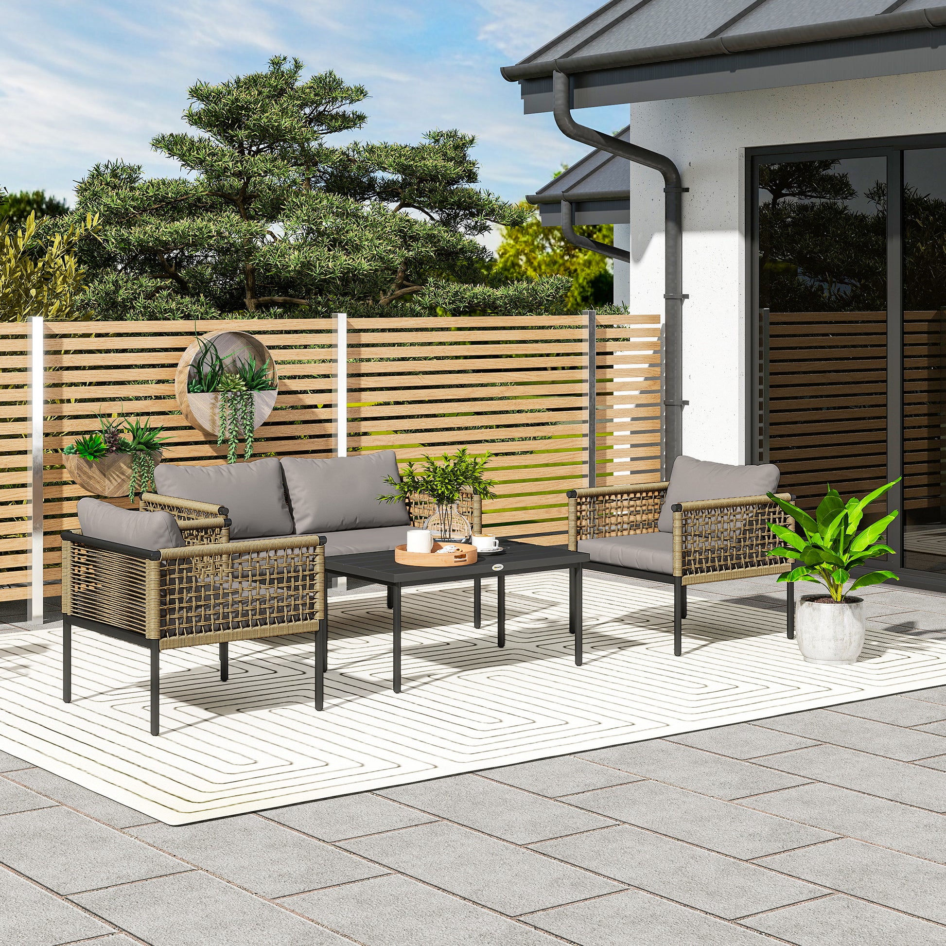 Outsunny Conjunto De Jardín De Ratán Sintético De 4 Piezas Natural Y Gris_1