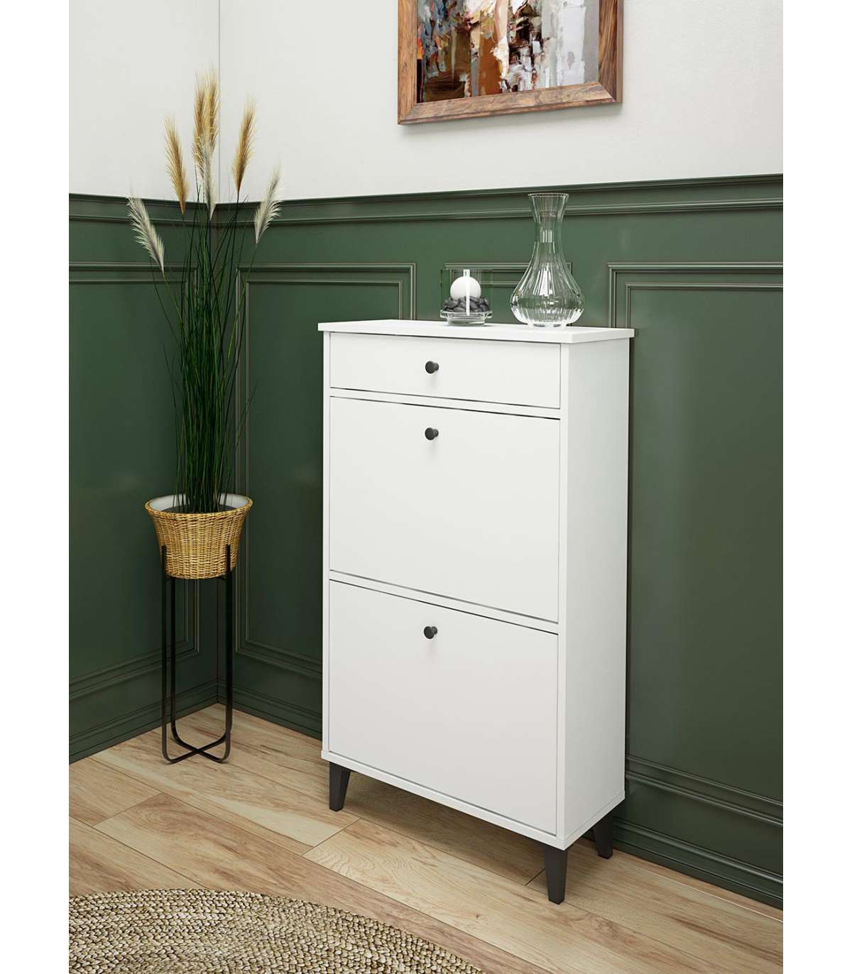 Mueble Zapatero Pili Con 2 Trampones 1 Cajón En Blanco Soft, 61.1cm(ancho) 110cm(altura)_2