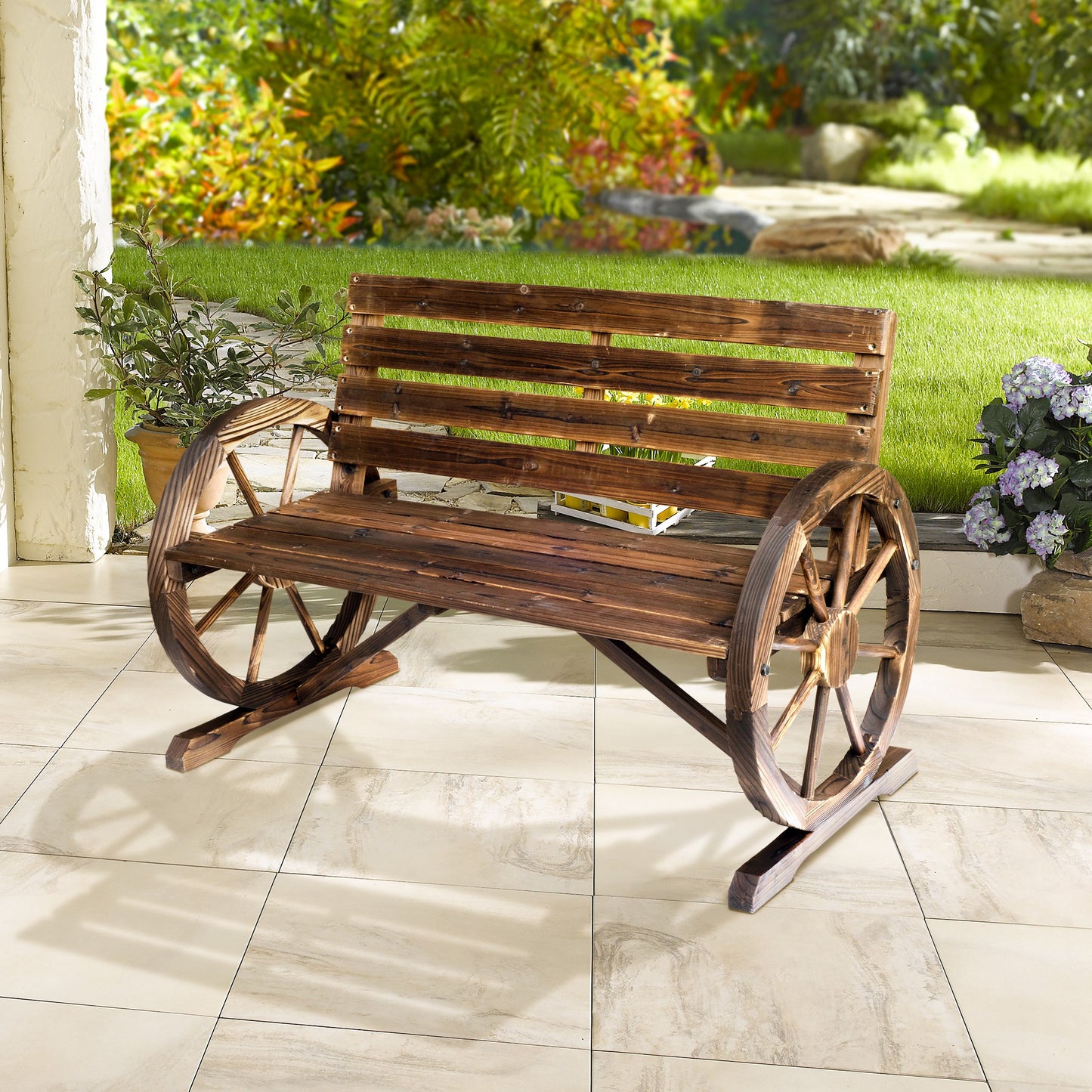 Outsunny Banco De Madera Con Apoyabrazos En Forma Rueda De Carro 105,5x59x75 Cm_1