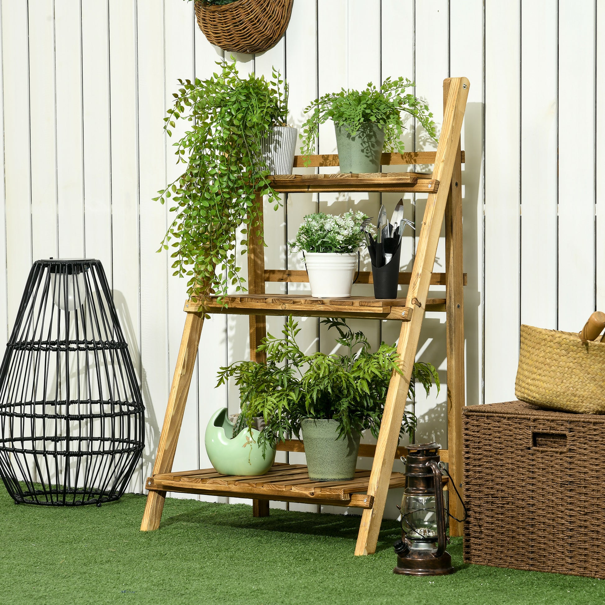 Outsunny Soporte Para Plantas De Madera De 3 Niveles Plegable 60x37x93cm Natural_1