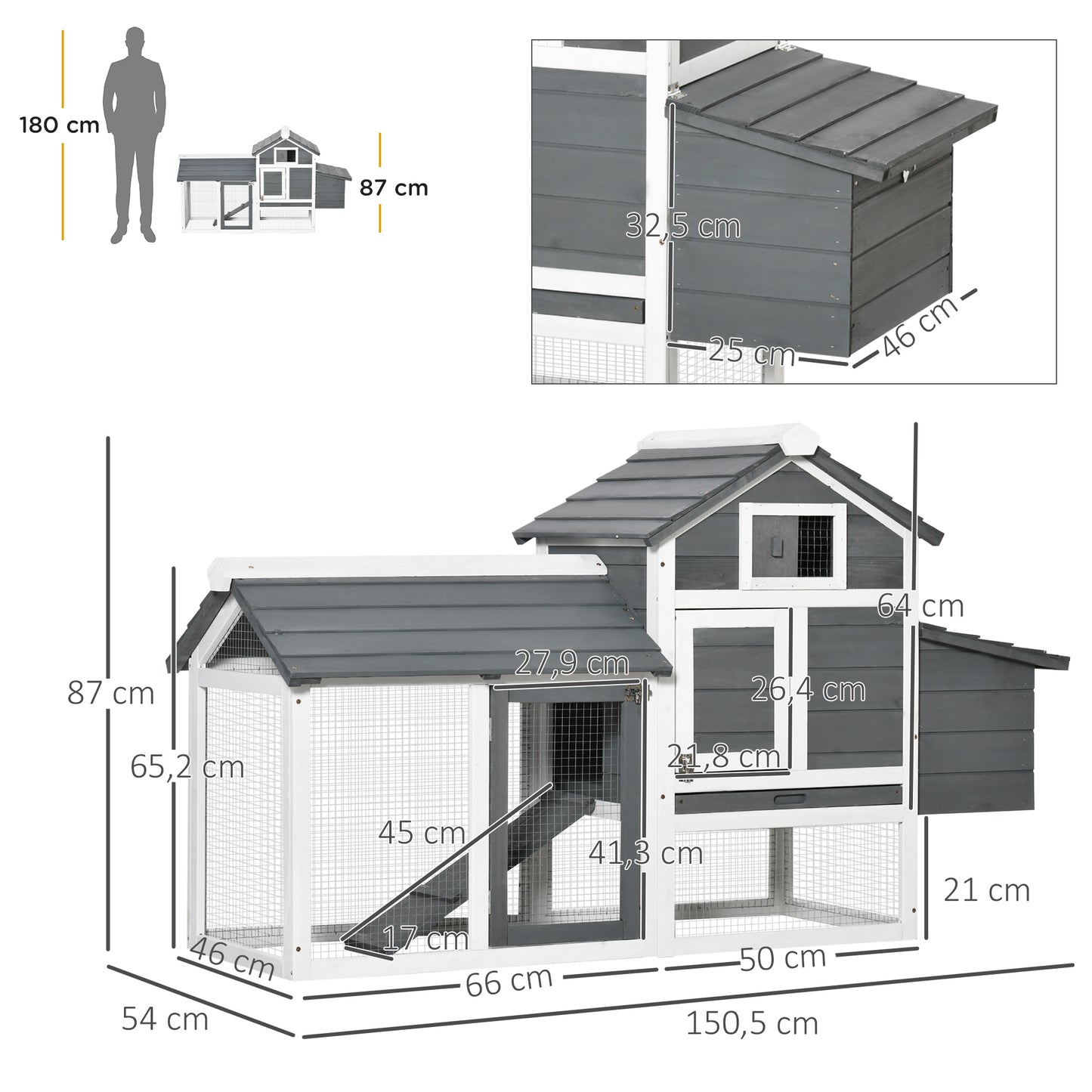 Pawhut Gallinero De Madera Para Exterior Corrales Alambre 150,5x54x87cm Gris_2
