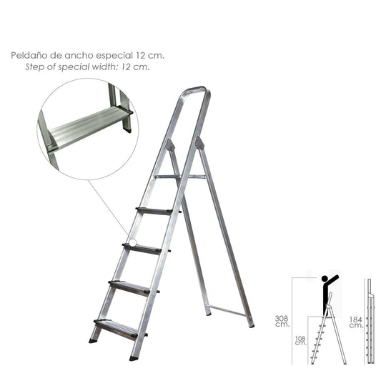 Escalera Doméstica Aluminio Profesional 5 Peldaños 12 Cm Grosor.