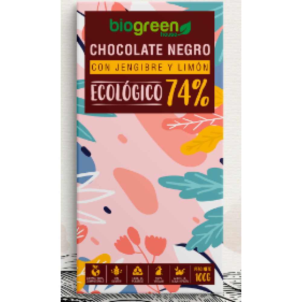 Tableta Chocolate Negro 74% Ecológico 100 Gr Jengibre - Limón_0
