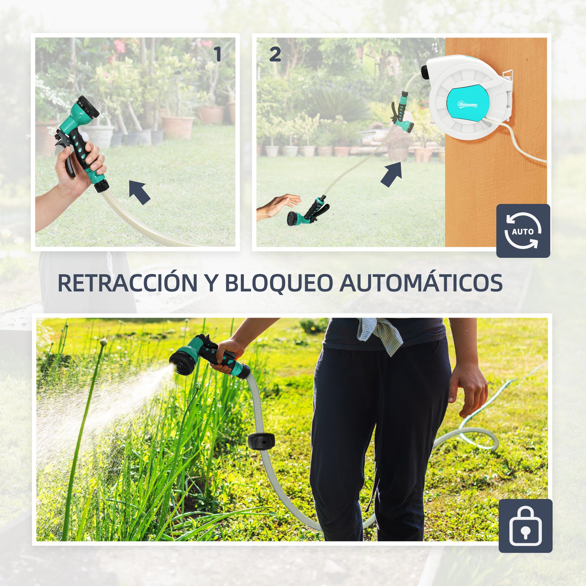 Outsunny Enrollador De Manguera Para Jardín 20+2 M Bloqueo Retorno Automático_5