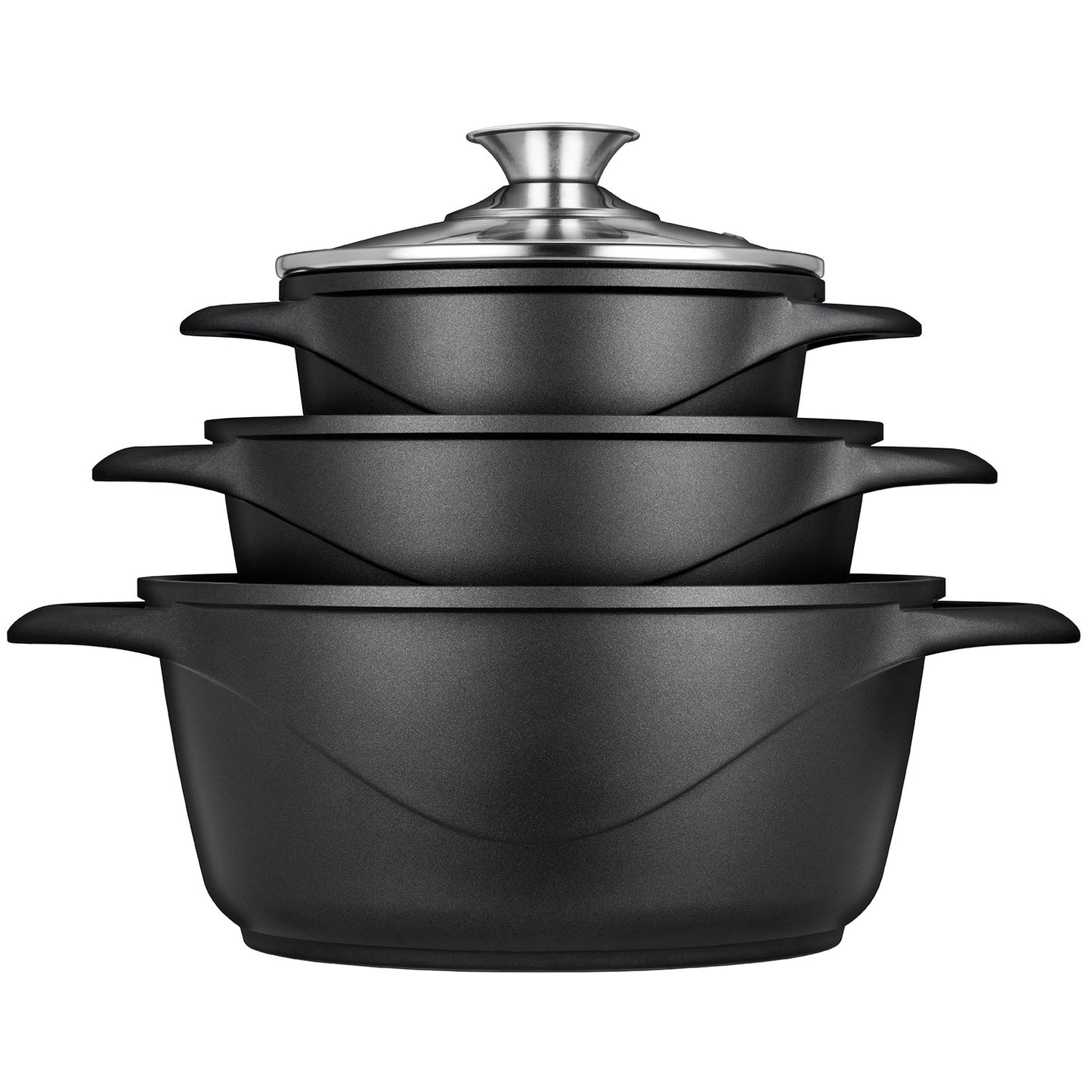 Batería De Cocina Inducción 6 Piezas Aluminio Fundido 3 Ollas Con Tapa De Cristal Antiadherente Briebe Mgk-18, Negro