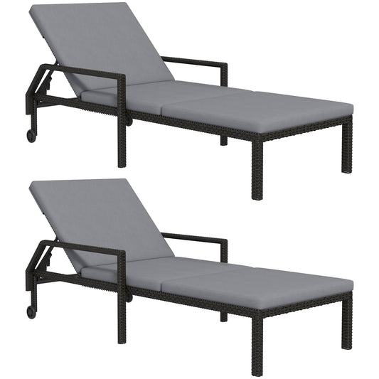 Outsunny Pack De 2 Tumbonas De Ratán Con Respaldo Ajustable 73x200x48cm Gris_0