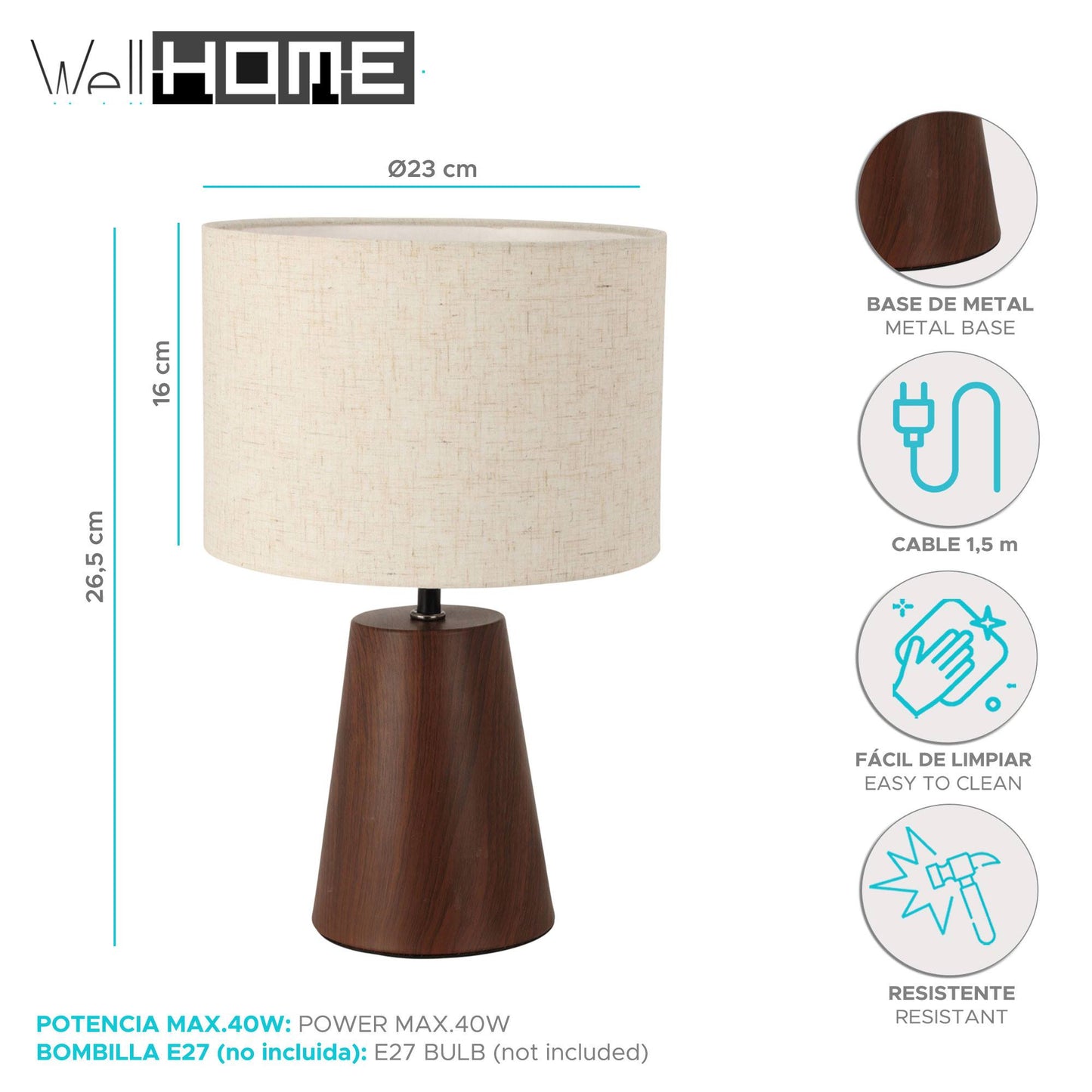 Well Home Lampara De Sobremesa Con Base Metálica Ø23x26,5cm_1