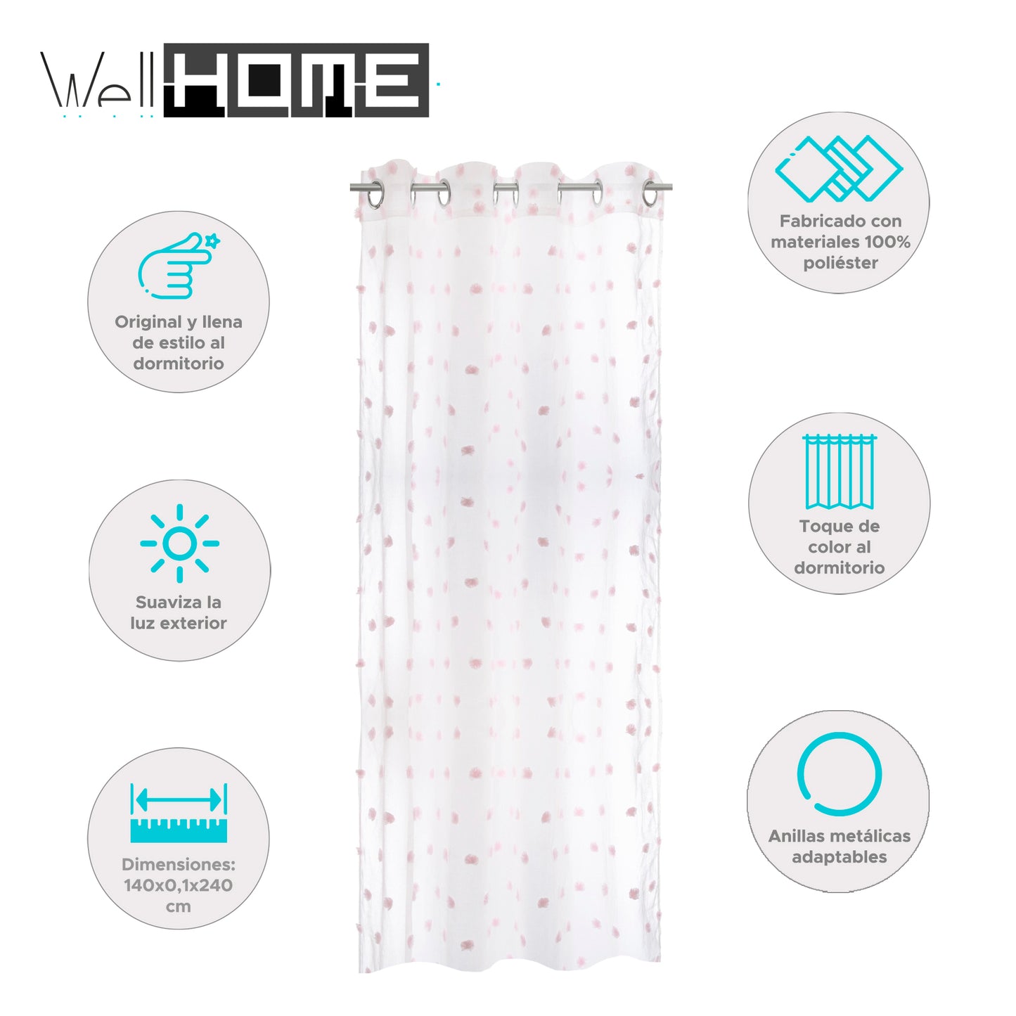 Wellhome Cortina Infantil Pompones Blanca Y Rosa_1