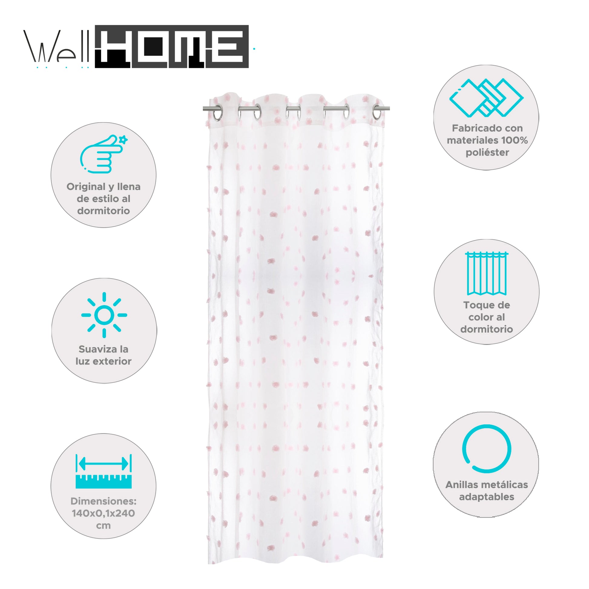Wellhome Cortina Infantil Pompones Blanca Y Rosa_1