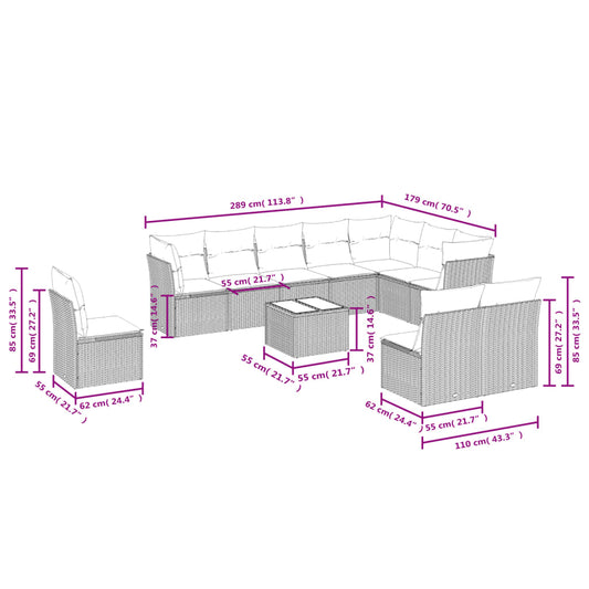 Set De Sofás De Jardín 11pzas Con Cojines Ratán Sintético Beige / Vetonek_0