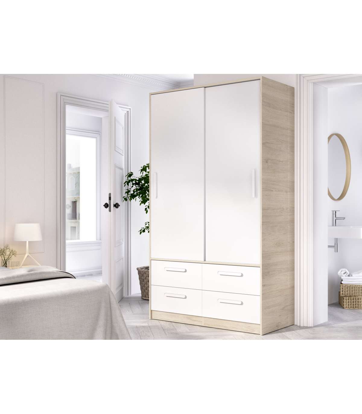 Armario Puertas Correderas Celia Acabado Blanco/natural, 204 Cm(alto)120 Cm(ancho)65 Cm(la_1