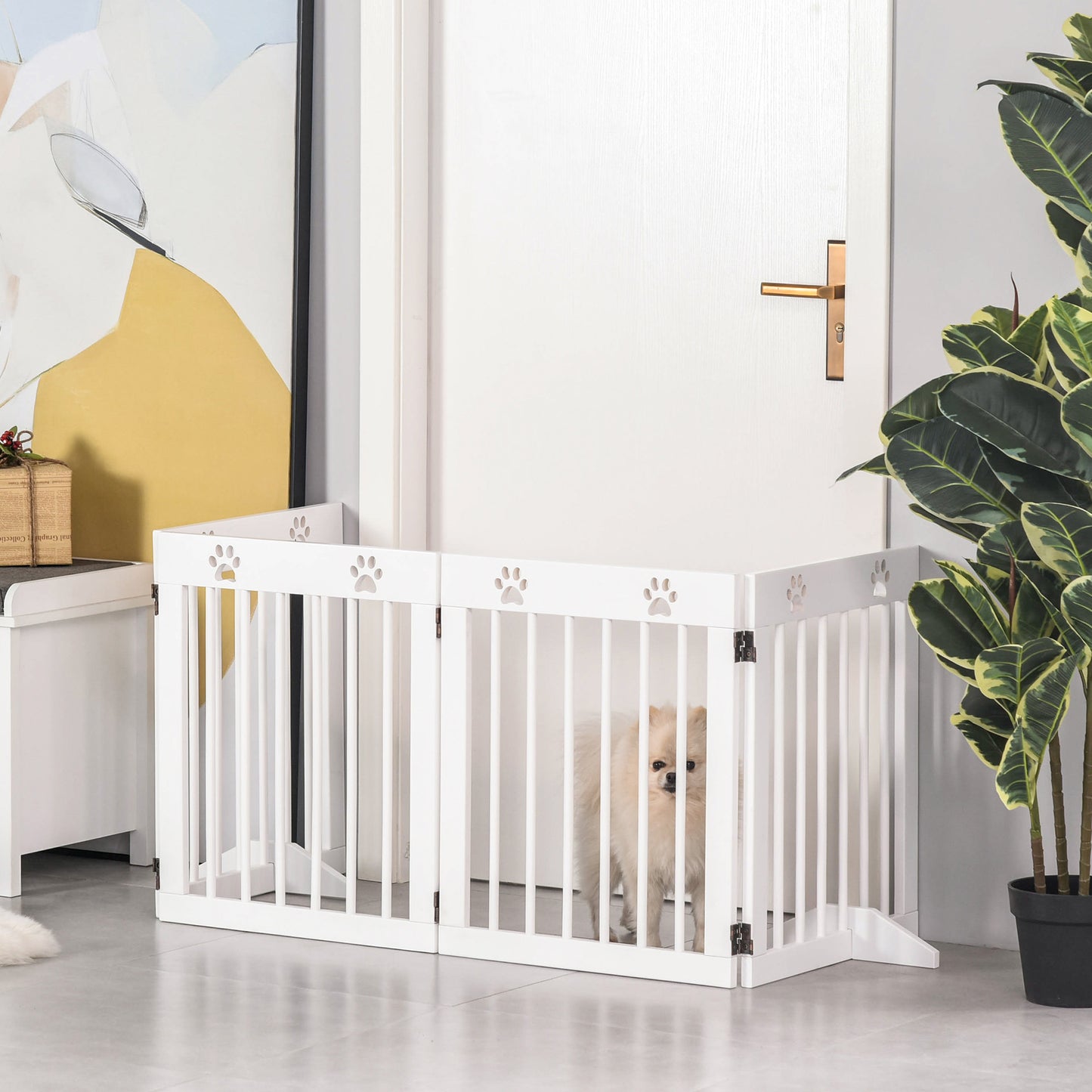Pawhut Barrera De Seguridad Plegable Para Perros 4 Paneles 204x30x61cm Blanco_4