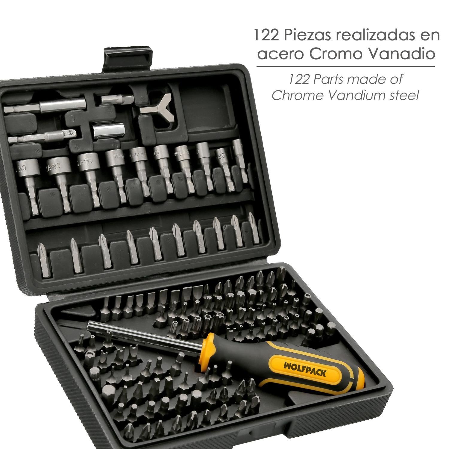 Juego Puntas Con Destornillador 1/4 122 Pzs. Con Apadtador. Cromo Vanadio, Kit Llave Combinada, Kit Carraca,_1