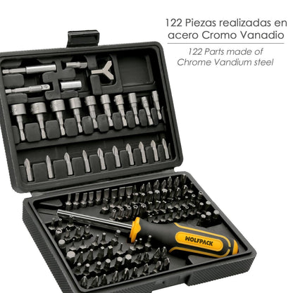 Juego Puntas Con Destornillador 1/4 122 Pzs. Con Apadtador. Cromo Vanadio, Kit Llave Combinada, Kit Carraca,_1
