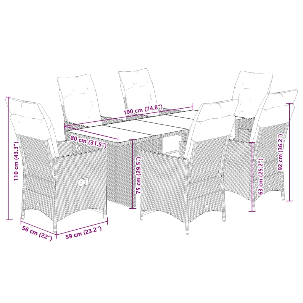 Set De Mesa Y Sillas Jardín 7 Pzas Con Cojines Ratán Pe Marrón / Vetonek_2
