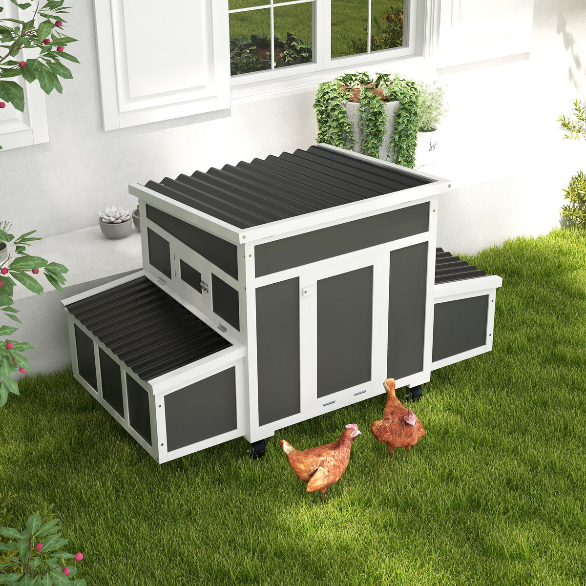 Pawhut Gallinero De Madera 147x93,5x89,5 Cm Con Bandeja Extraíble Gris Oscuro_1