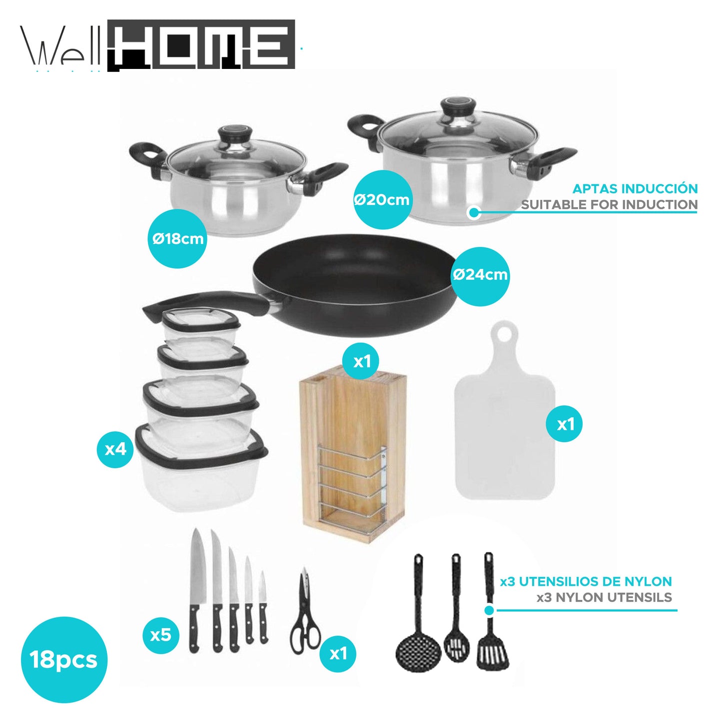 Well Home Batería De Cocina De 18pc (1x Sarten + 2 Cacerolas + 1 Tabla De Cortar + 1 Tijeras + 3 Utensilios De Nylon + 4 Tuppers + 1 Bloque De Madera