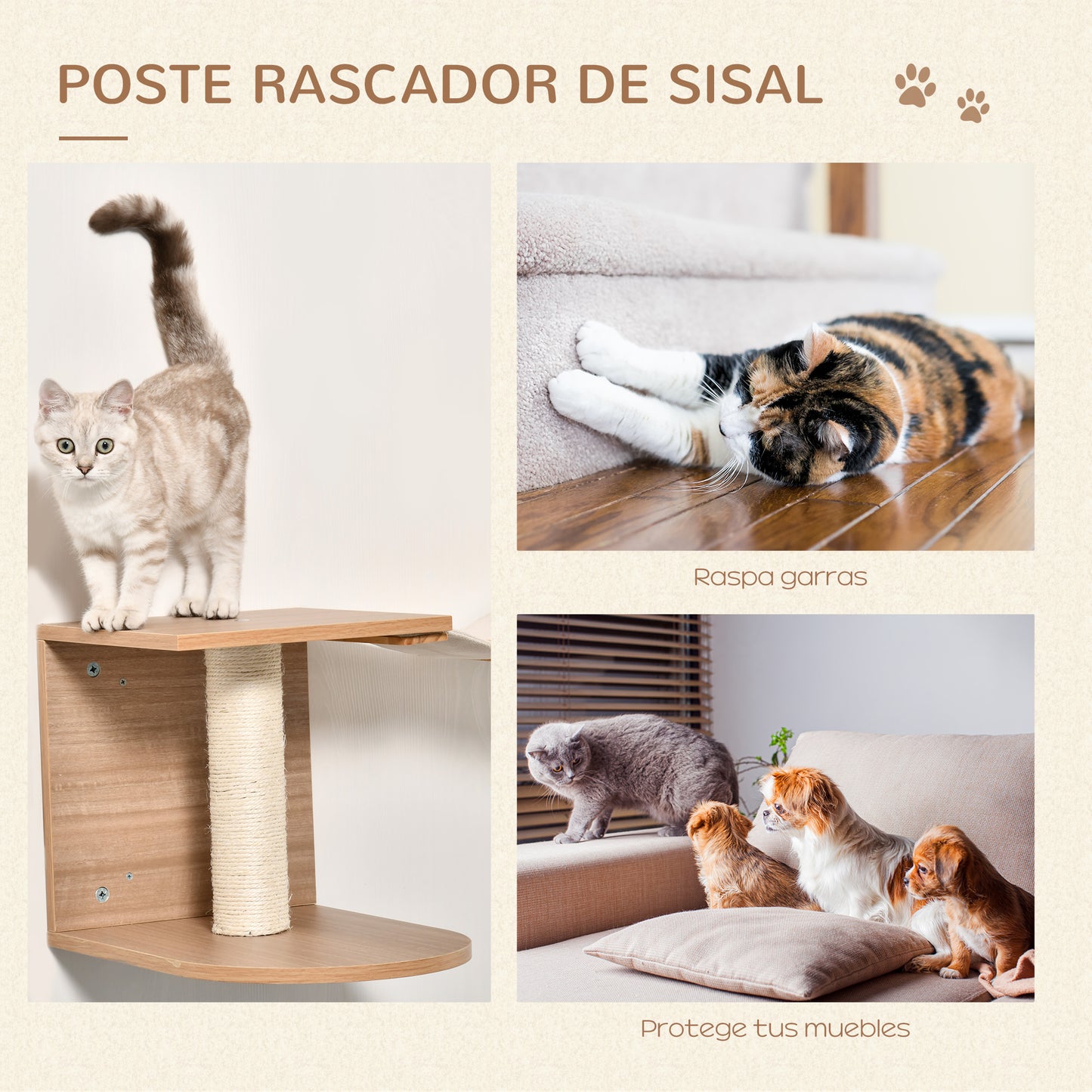 Pawhut Estantes De Pared Gatos Con Escalera Plataformas Postes Rascadores Sisal_5