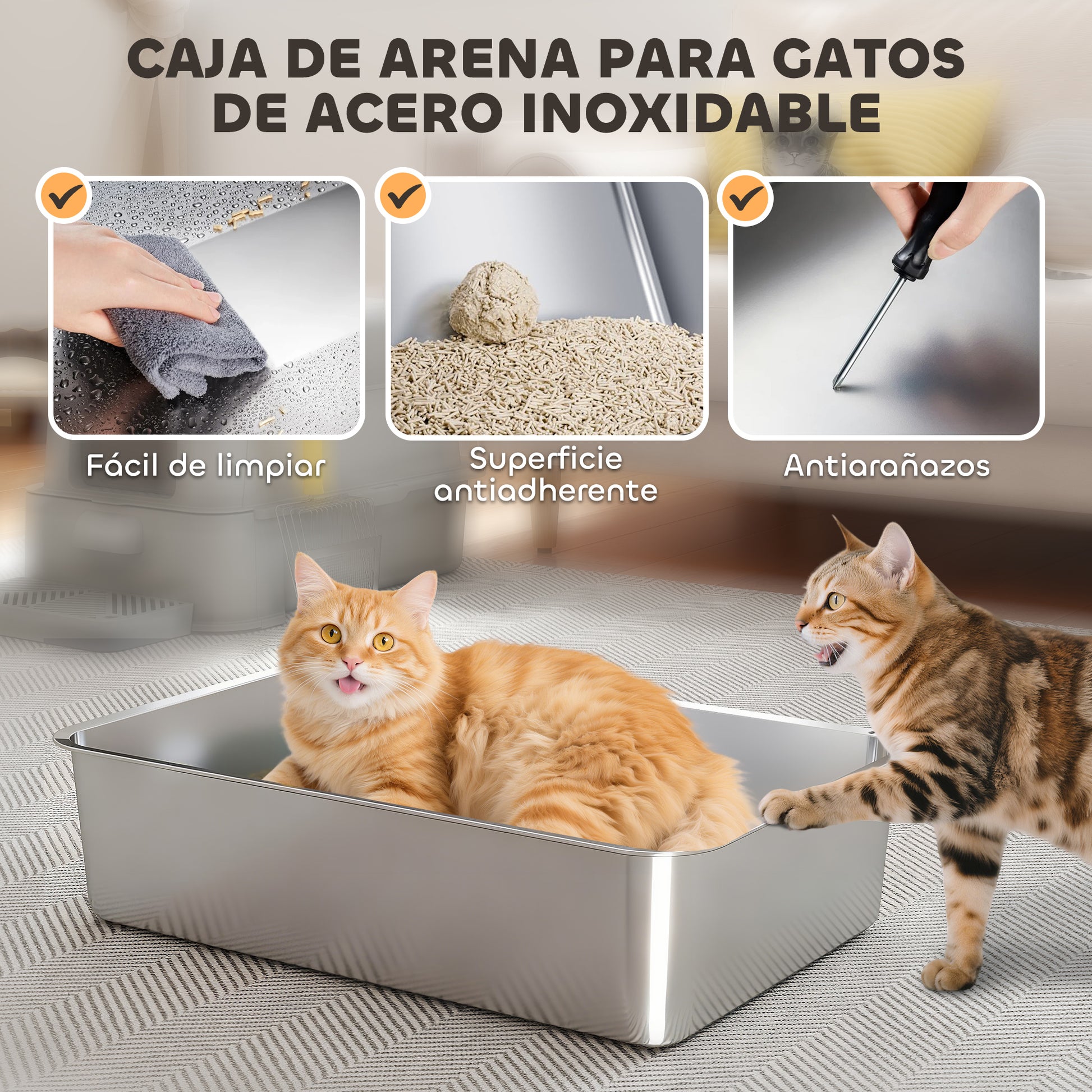 Pawhut Arenero Para Gatos De Acero Inoxidable Xl Con Tapa Abatible 180° Gris_5