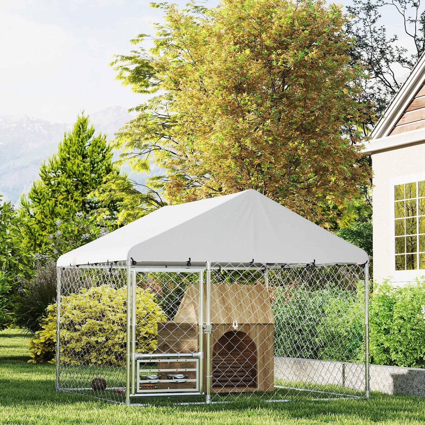 Pawhut Perrera Exterior Con Toldo 2x2x1,55 M Con Techo Impermeable_1