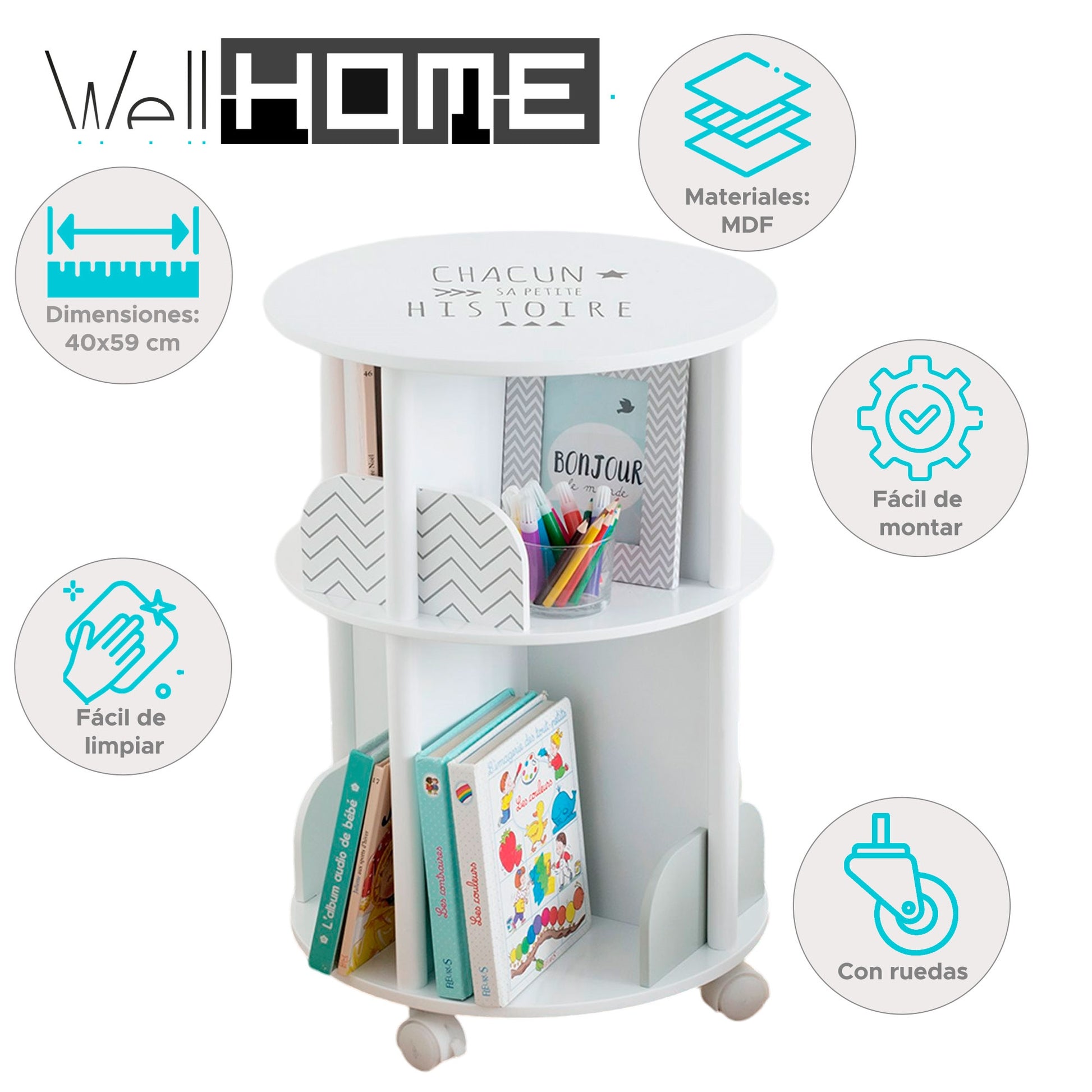 Well Home Librero Redondo Gris Infantil Ø40x59cm