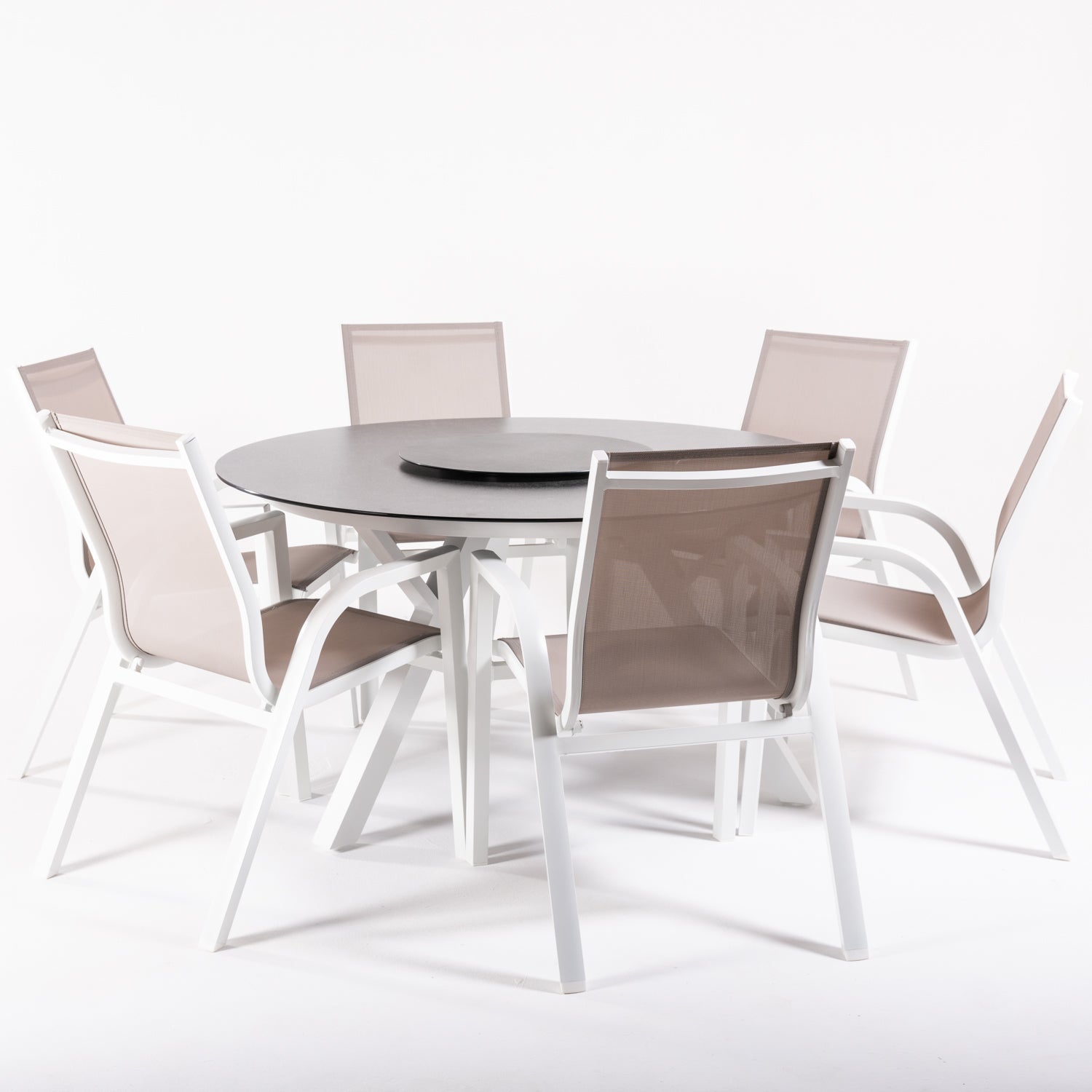 Conjunto De Mesas Y Sillas De Jardín, Redonda 130 Cm, Blanco, Cristal Templado + 6 Sillones Reforzados_2