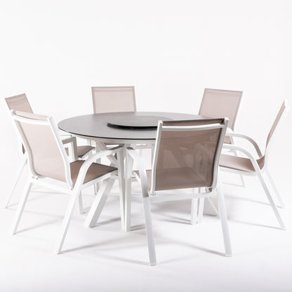 Conjunto De Mesas Y Sillas De Jardín, Redonda 130 Cm, Blanco, Cristal Templado + 6 Sillones Reforzados_2