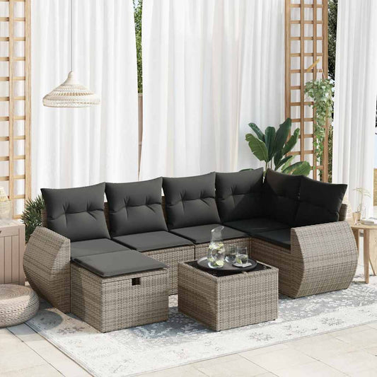 Set De Sofás De Jardín 7 Pzas Con Cojines Ratán Sintético Gris / Vetonek_0