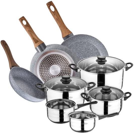 Bateria De Cocina 8 Piezas San Ignacio En Acero Inoxidable Con Juego De Sartenes (22,26,28 Cm) En Aluminio Forjado Colección Daimiel_0