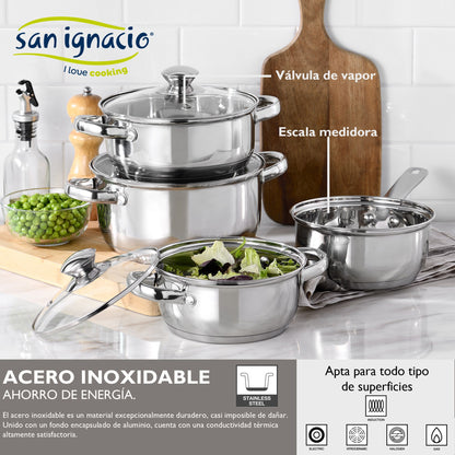 Batería de Cocina San Ignacio 7 Pzas Acero Inox + Sartenes y Grill ¡Calidad y Estilo!