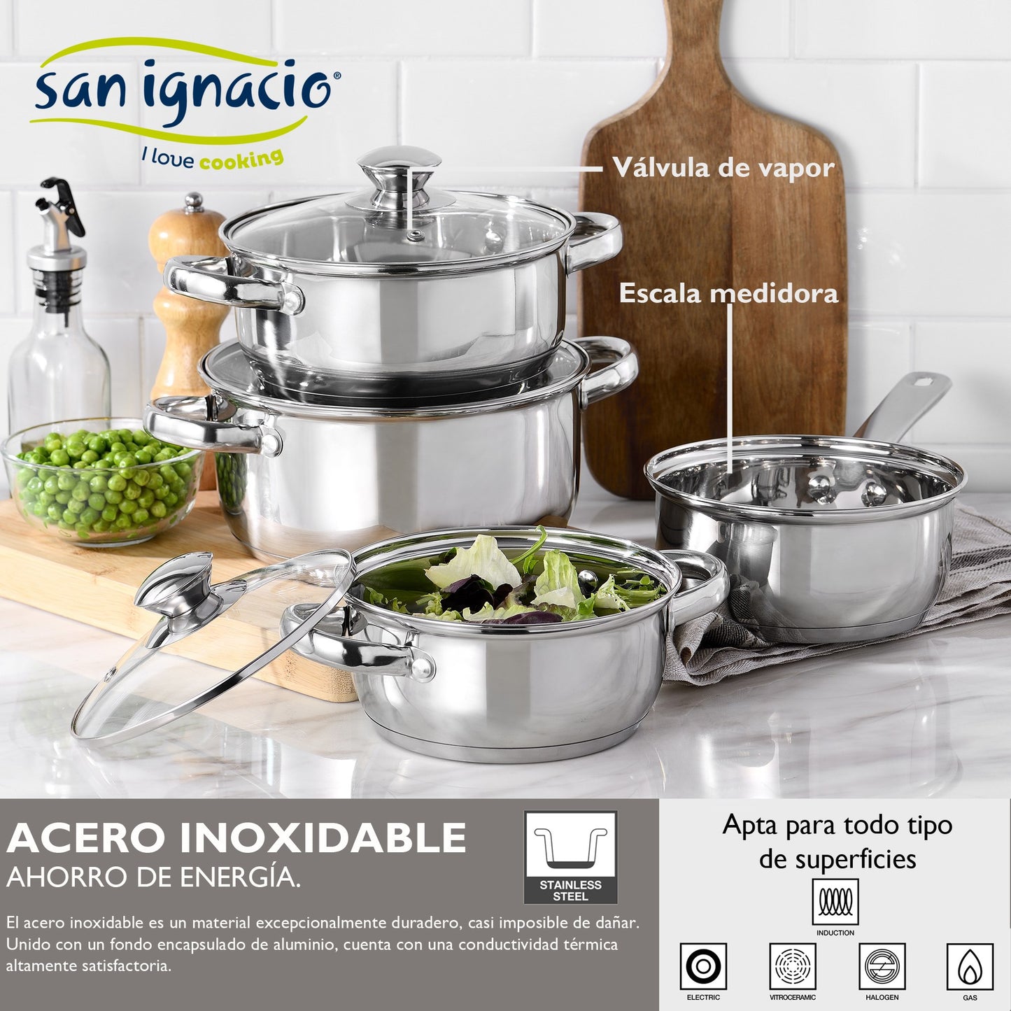 Batería De Cocina 7 Piezas San Ignacio En Acero Inoxidable + Set 3 Sartenes Ø16/20/24 Cm, Aluminio Prensado, Aptas Para Inducción