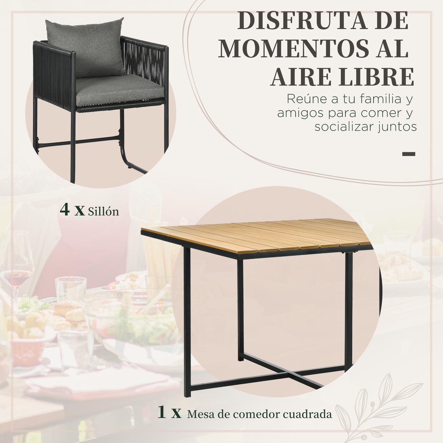 Outsunny Conjunto De Jardín Exterior De Ratán Sintético Con Mesa Cuadrada Sillas_3