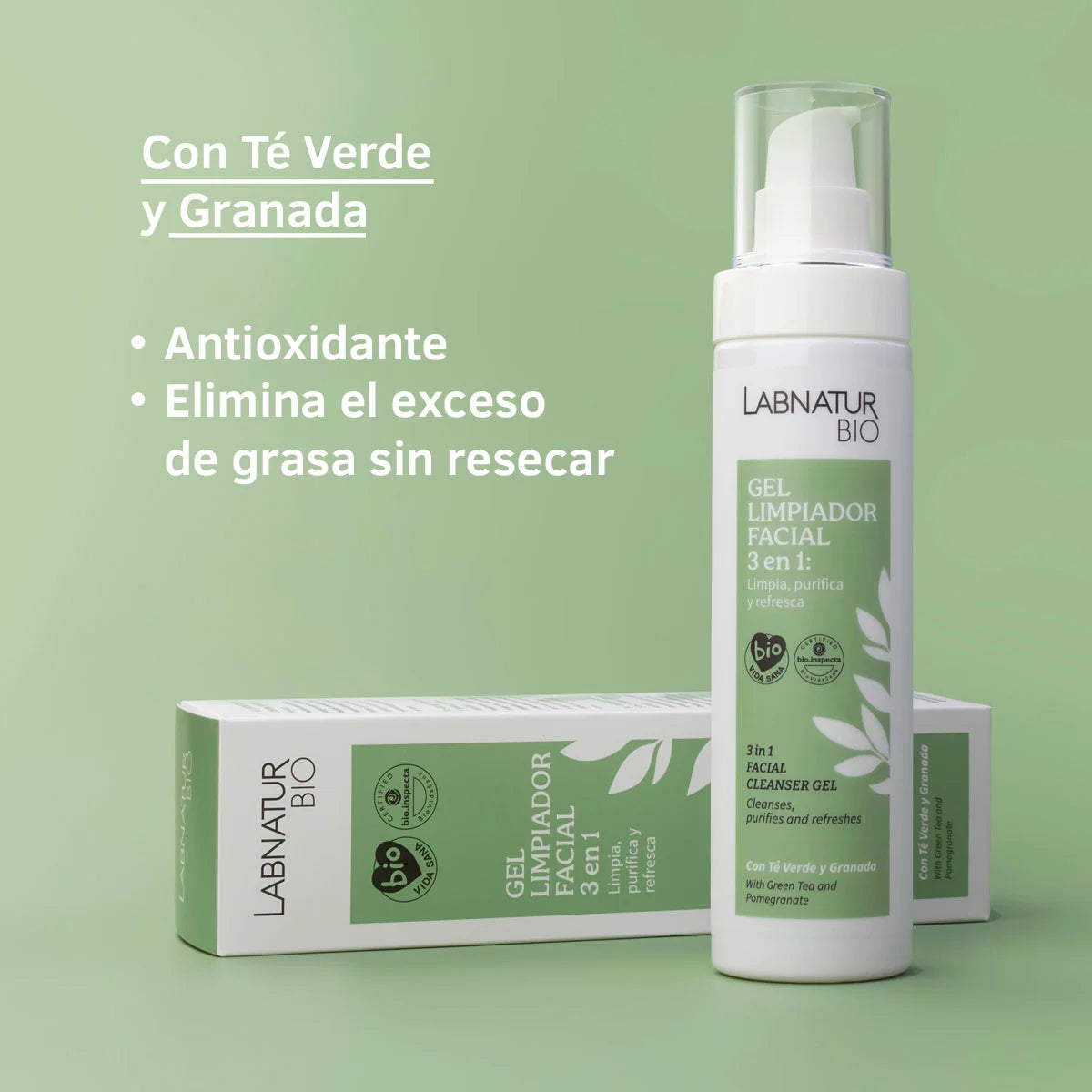 Gel Limpiador Facial 3 en 1 Labnatur Bio 150 ml | Té Verde, Granada y Aloe Vera | Limpia, Purifica y Refresca | Vegano_1