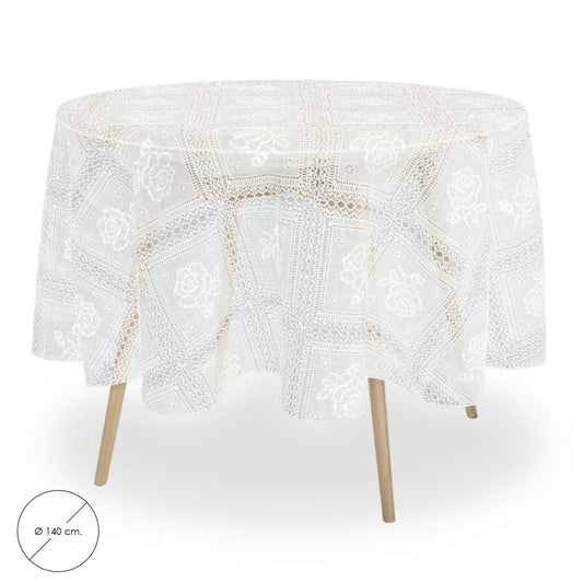 Mantel Hule Redondo Bordados Transparente Impermeable Antimanchas Pvc Ø 140 Cm. Uso Interior Y Exterior_0