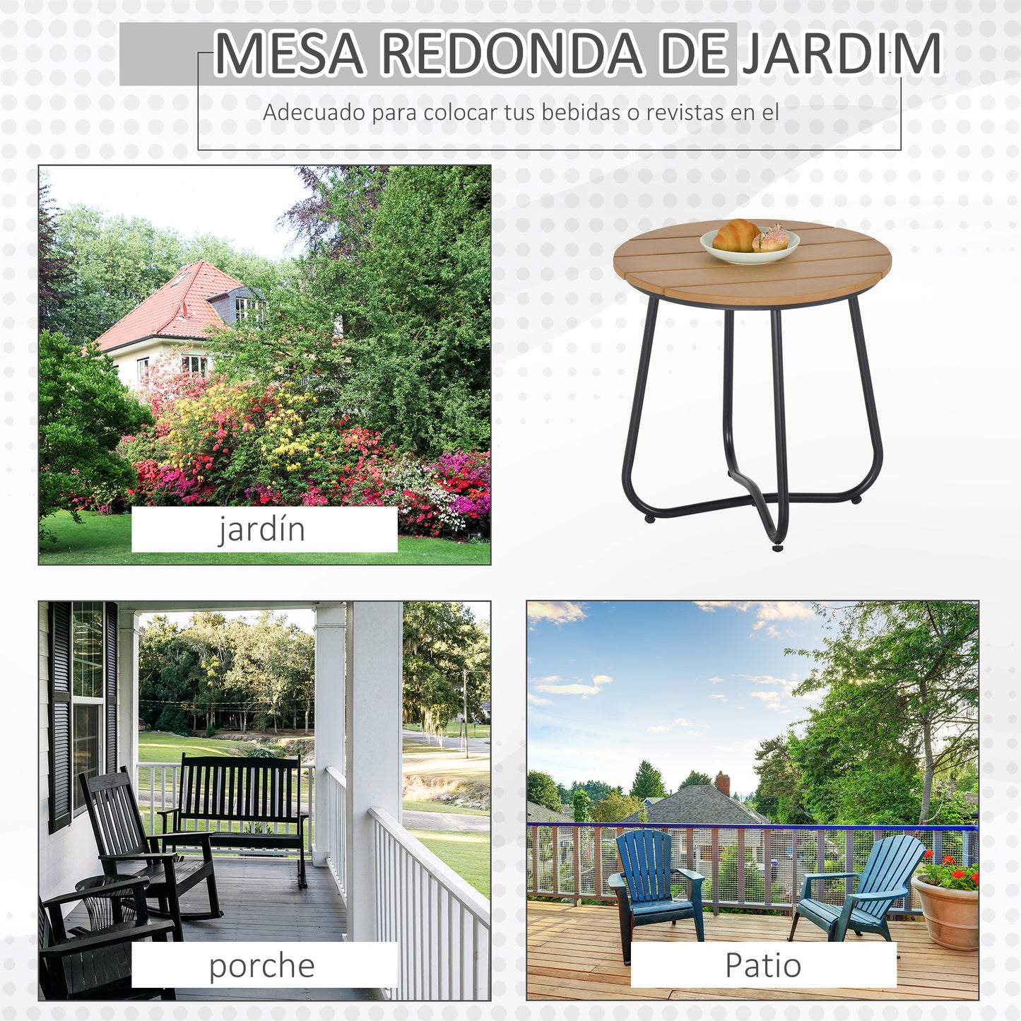 Outsunny Mesa Auxiliar Redonda Con Diseño De Listones Ø49x48 Cm Natural Y Negro_3