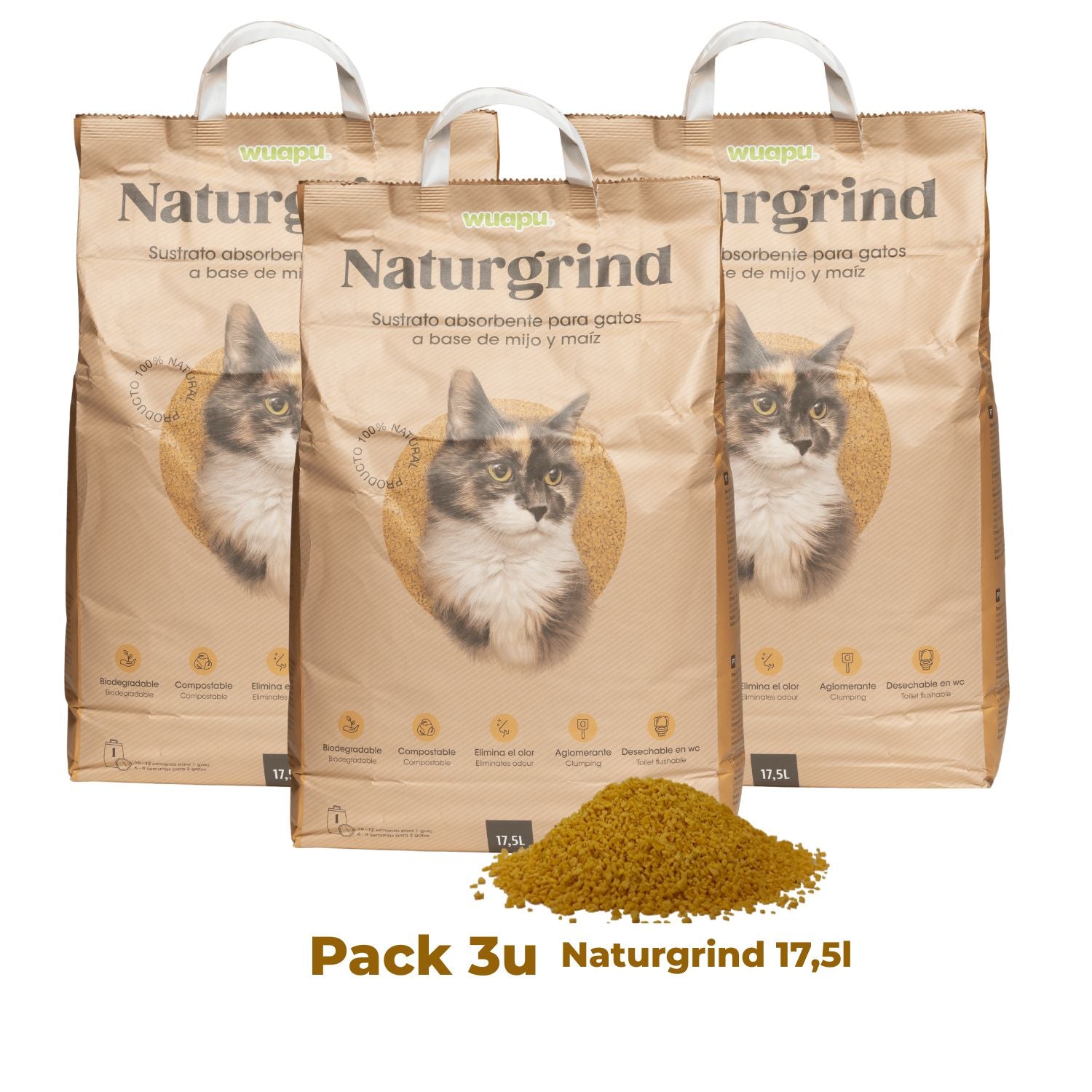 Sustrato Absorbente Wuapu Naturgrind Biodegradable Y Compostable Para Gato 6 Uds 6l_3