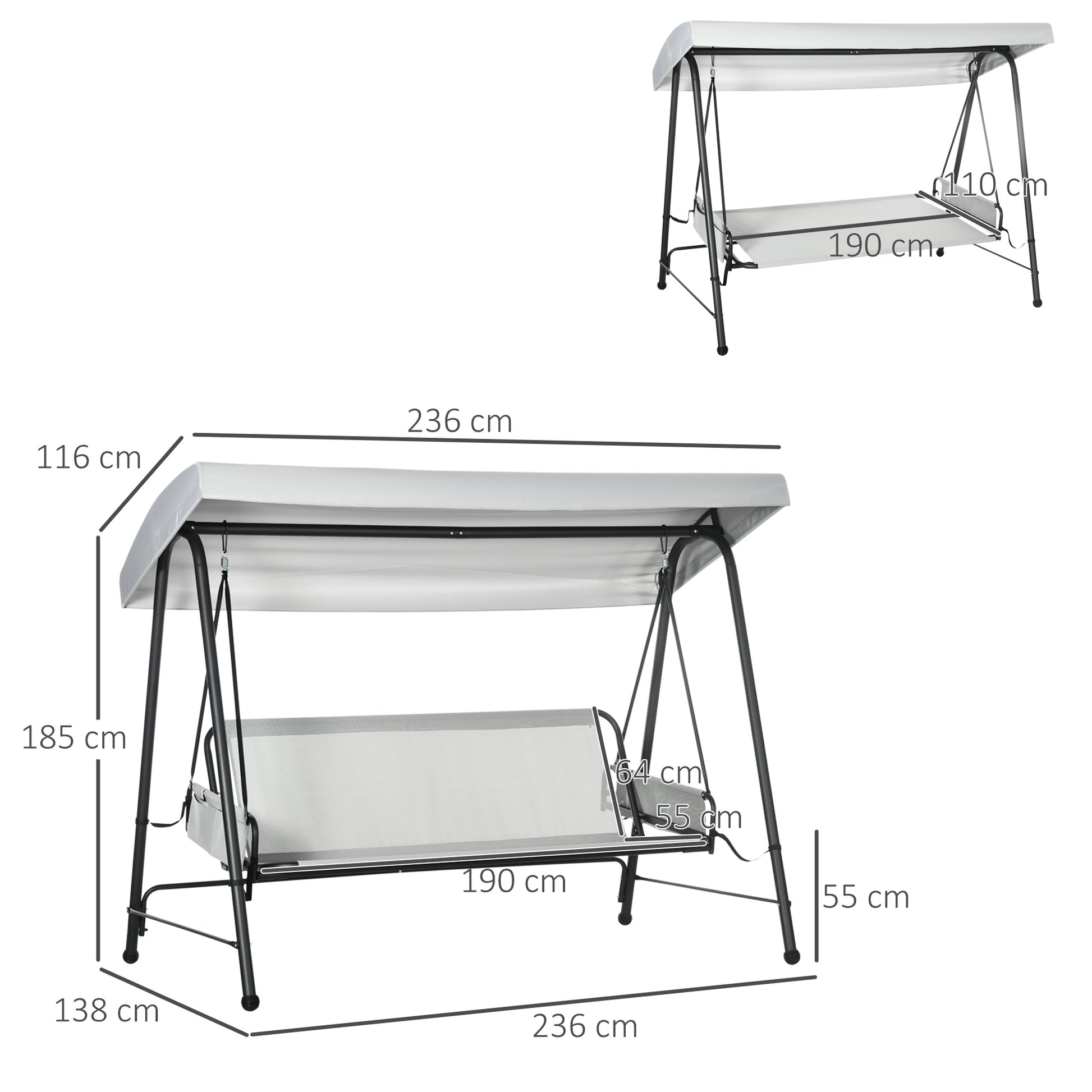 Outsunny Columpio De Jardín De 3 Plazas Convertible En Cama 236x138x185 Cm Gris_2