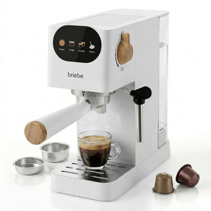 Briebe Nordic Cafetera Espresso 20 Bares Compatible Cápsulas Nespresso Y Café Molido Espumador Leche, Ec1180wht, Blanco_0