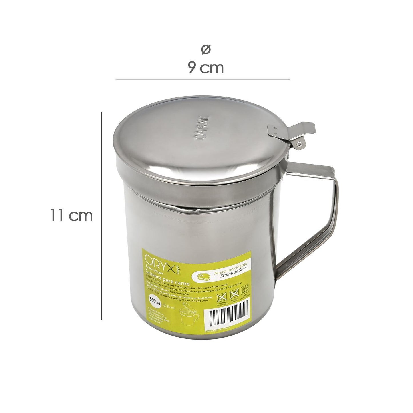 Grasera Acero Inoxidable Para Carne, Aceitera Aceite Usado 0,5 Lts. Con Colador Y Tapa, Recipiente Reciclaje Aceite Usado Carne_1