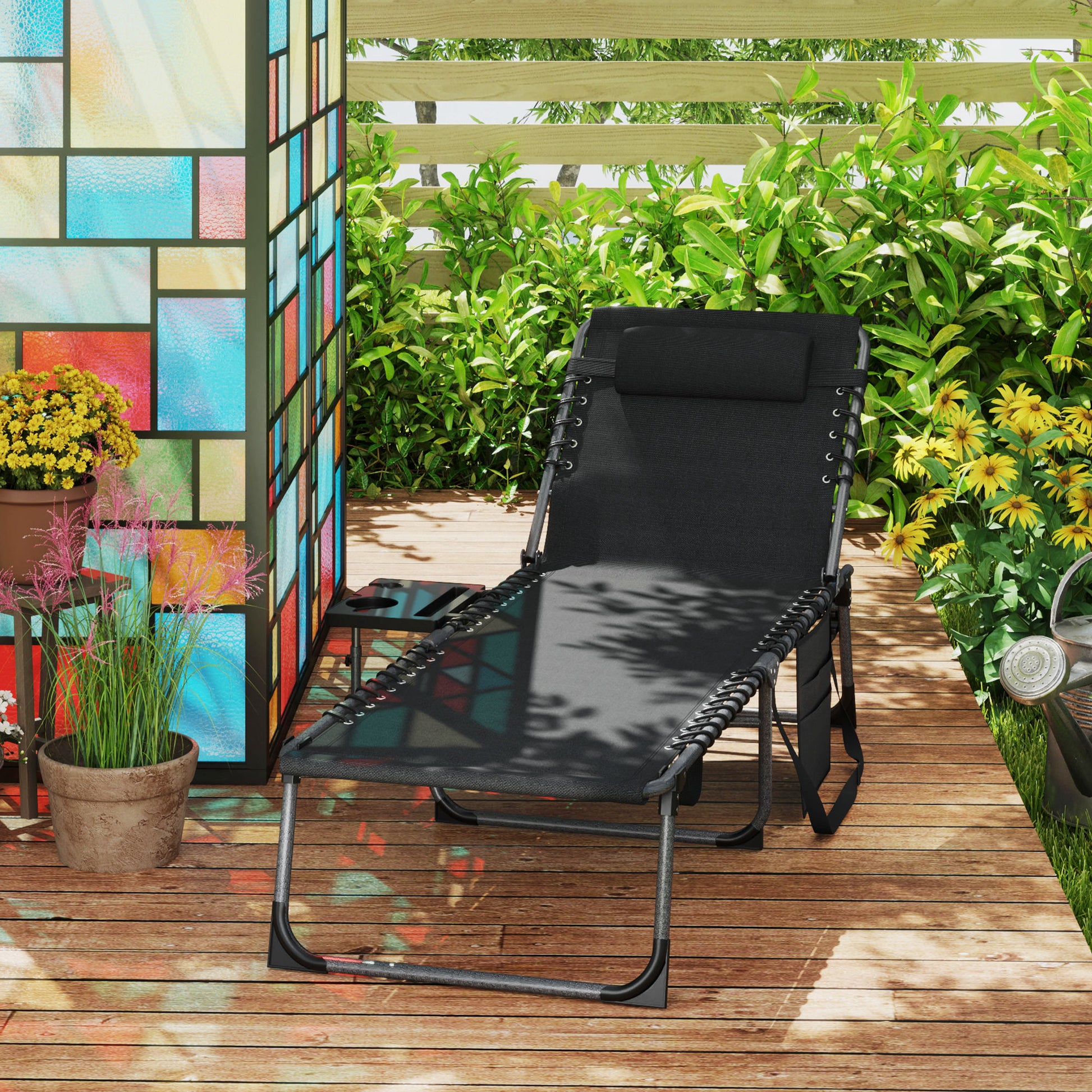 Outsunny Tumbona Plegable Con Respaldo Ajustable Mesa Y Bolsillo 190x60x31 Cm_4