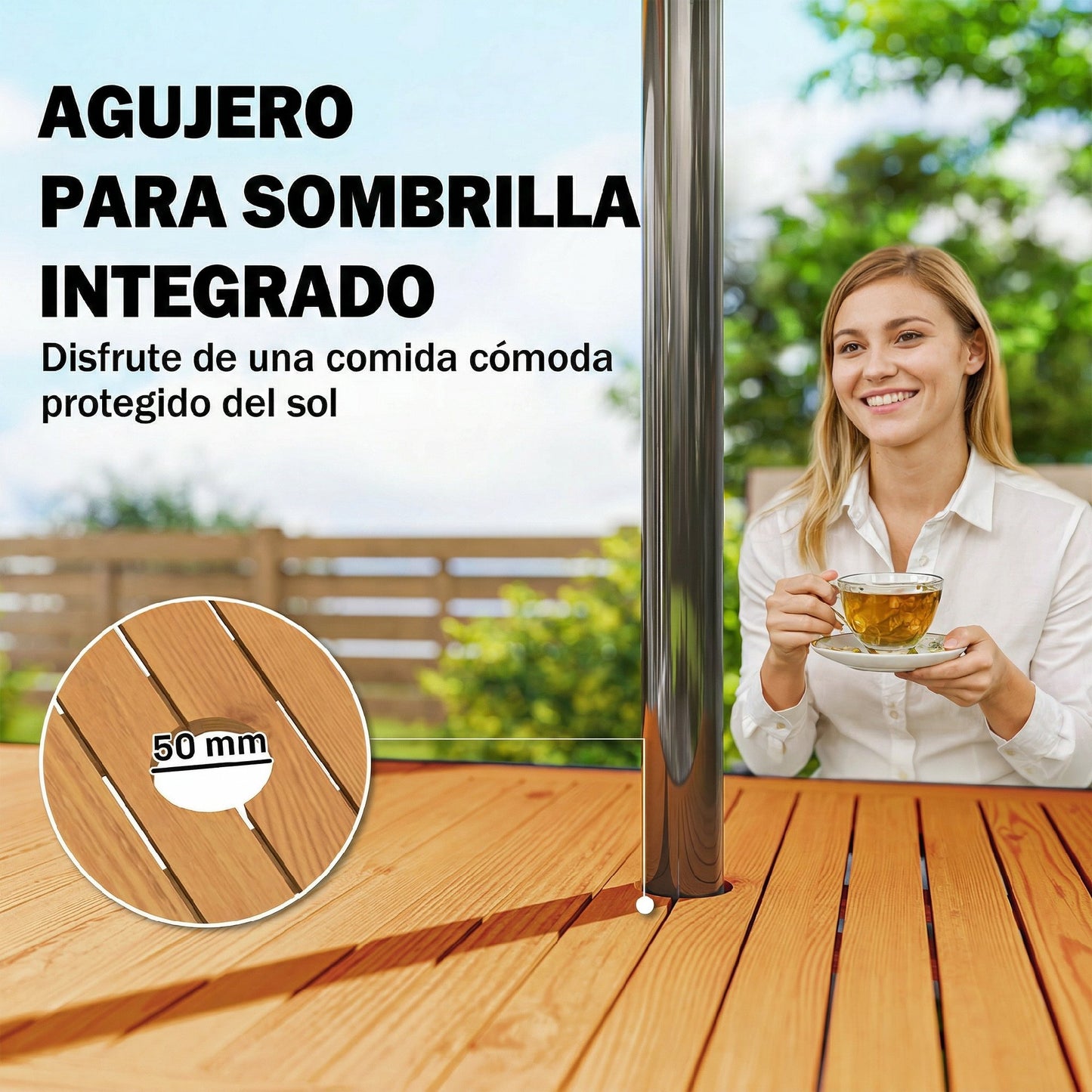 Outsunny Mesa De Jardín Extensible 100/150x70 Cm Con Agujero Para Sombrilla Teca_5