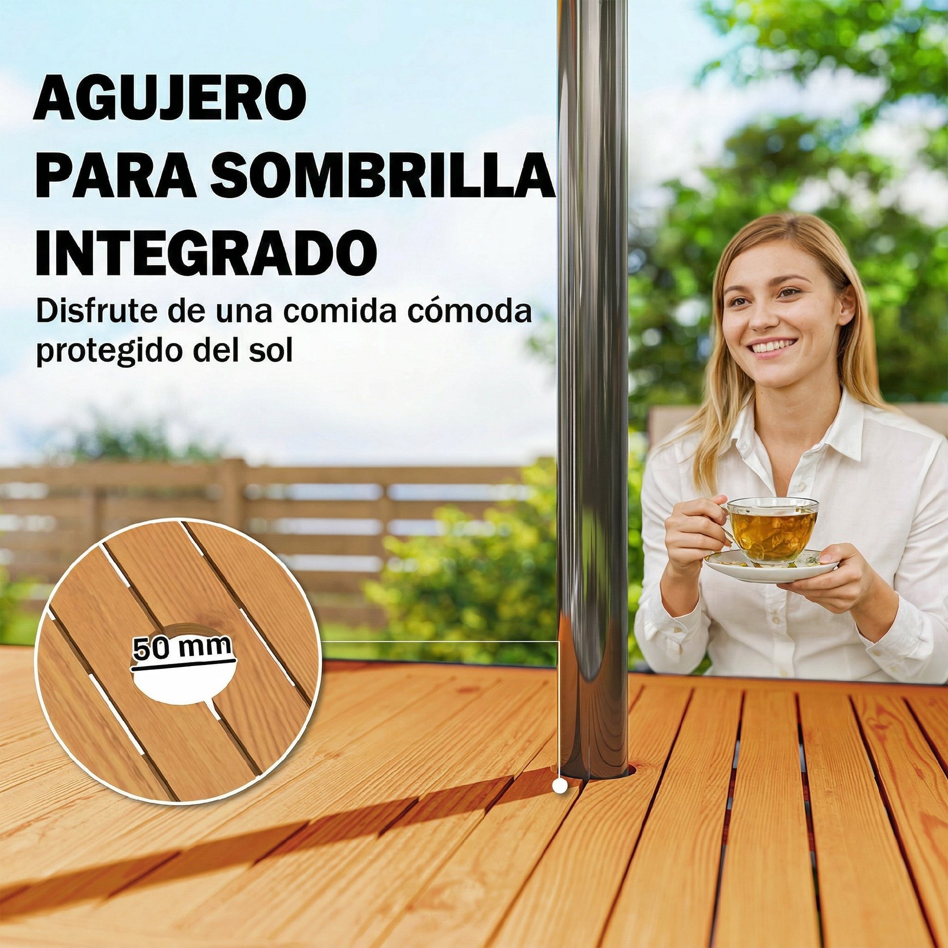 Outsunny Mesa De Jardín Extensible 100/150x70 Cm Con Agujero Para Sombrilla Teca_5