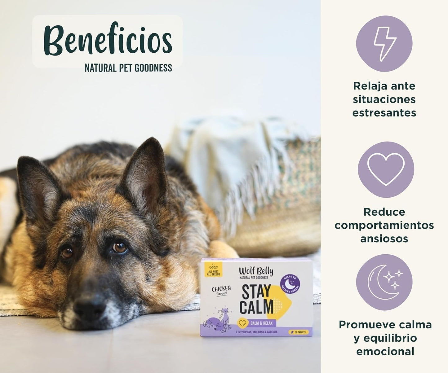 Wolf Belly Stay Calm Calmante Perros y Gatos sabor pollo 30 comp
