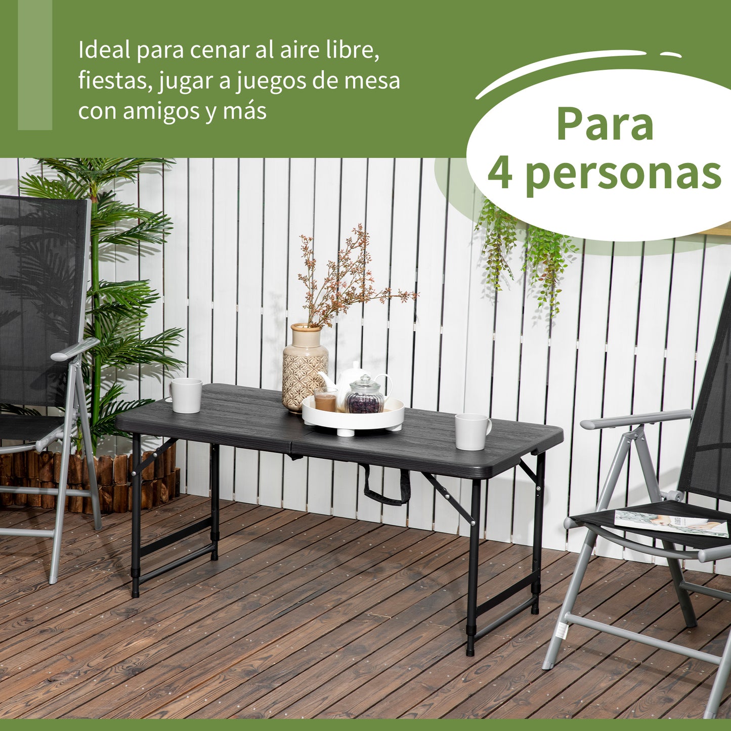 Outsunny Mesa De Jardín Plegable Con Altura Ajustable 118x60x56-74cm Gris Oscuro_3